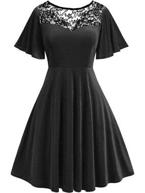 Women Halloween Dress Lace Flutter Sleeve A-Line Party Dresses- Black